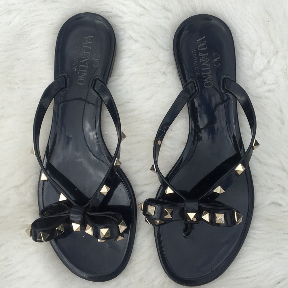 Valentino Rockstud Black Jelly Thong Flat Sandals